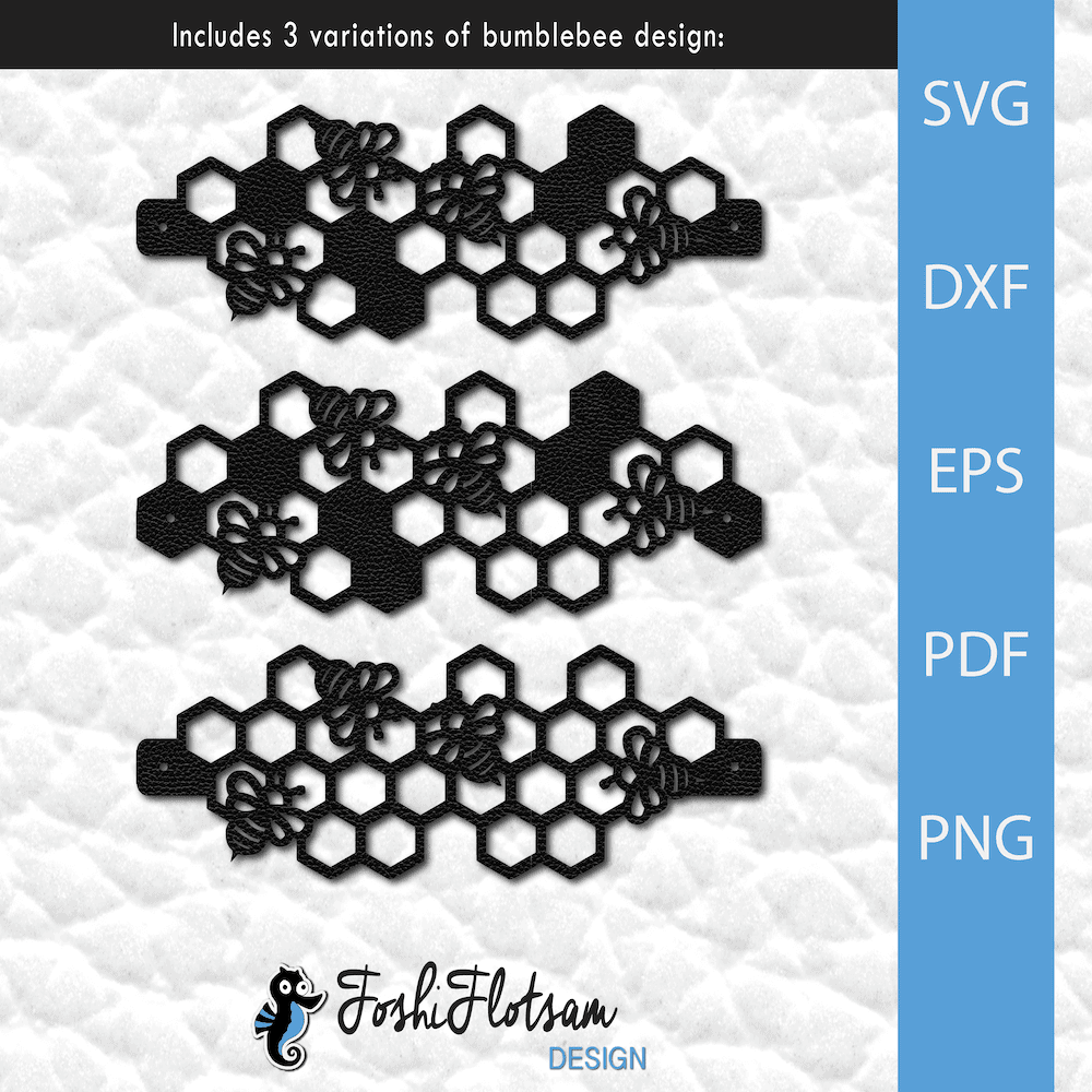 Bracelet SVG - Bumblebee SVG bracelet bundle variations 3 variations of bumblebee bracelet SVG cut file designs, with variations in bracelet band style and solid or empty honeycomb pattern.